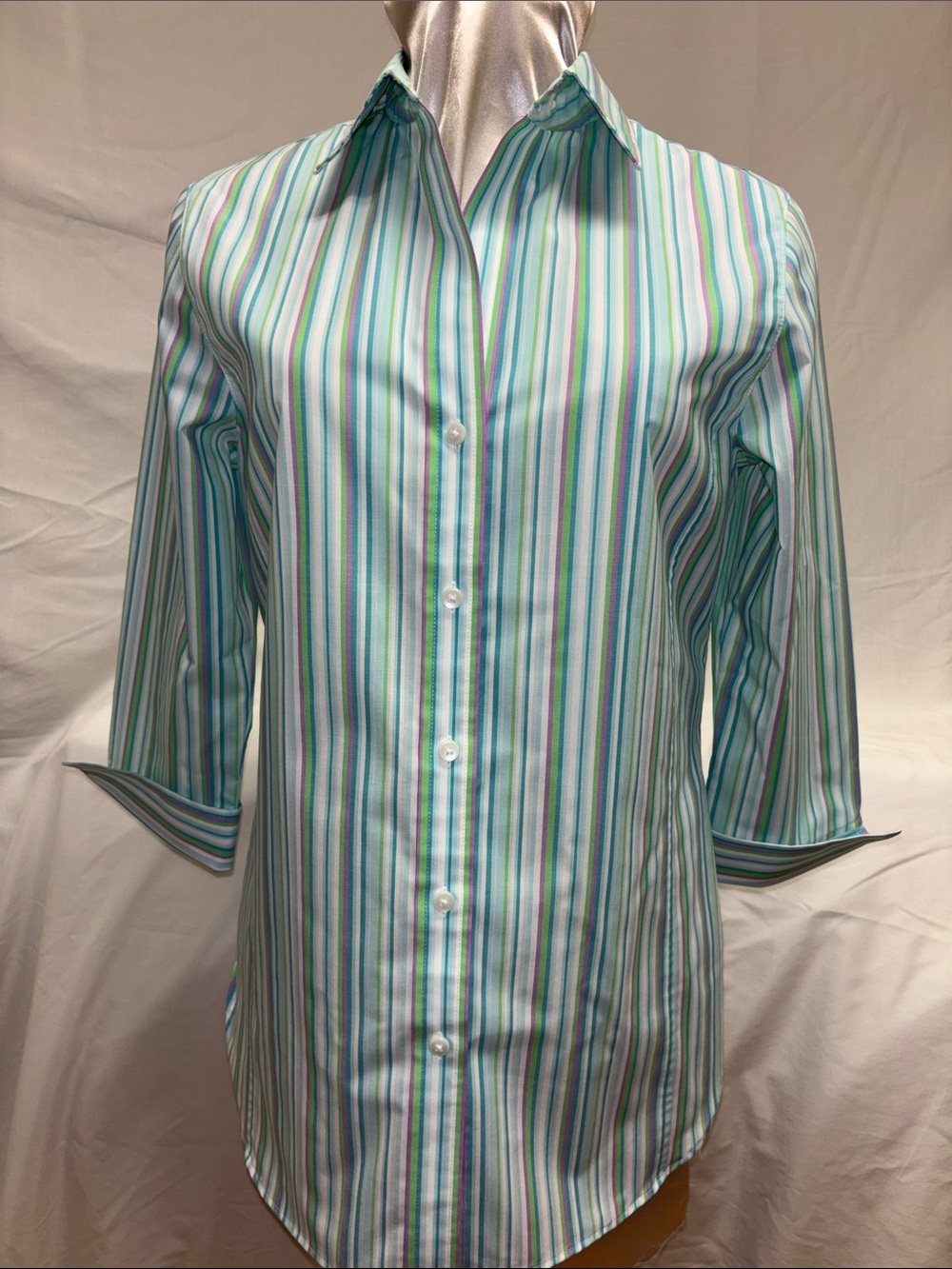 Westbound Striped Button-Up Blouse in Mint, Blue & White